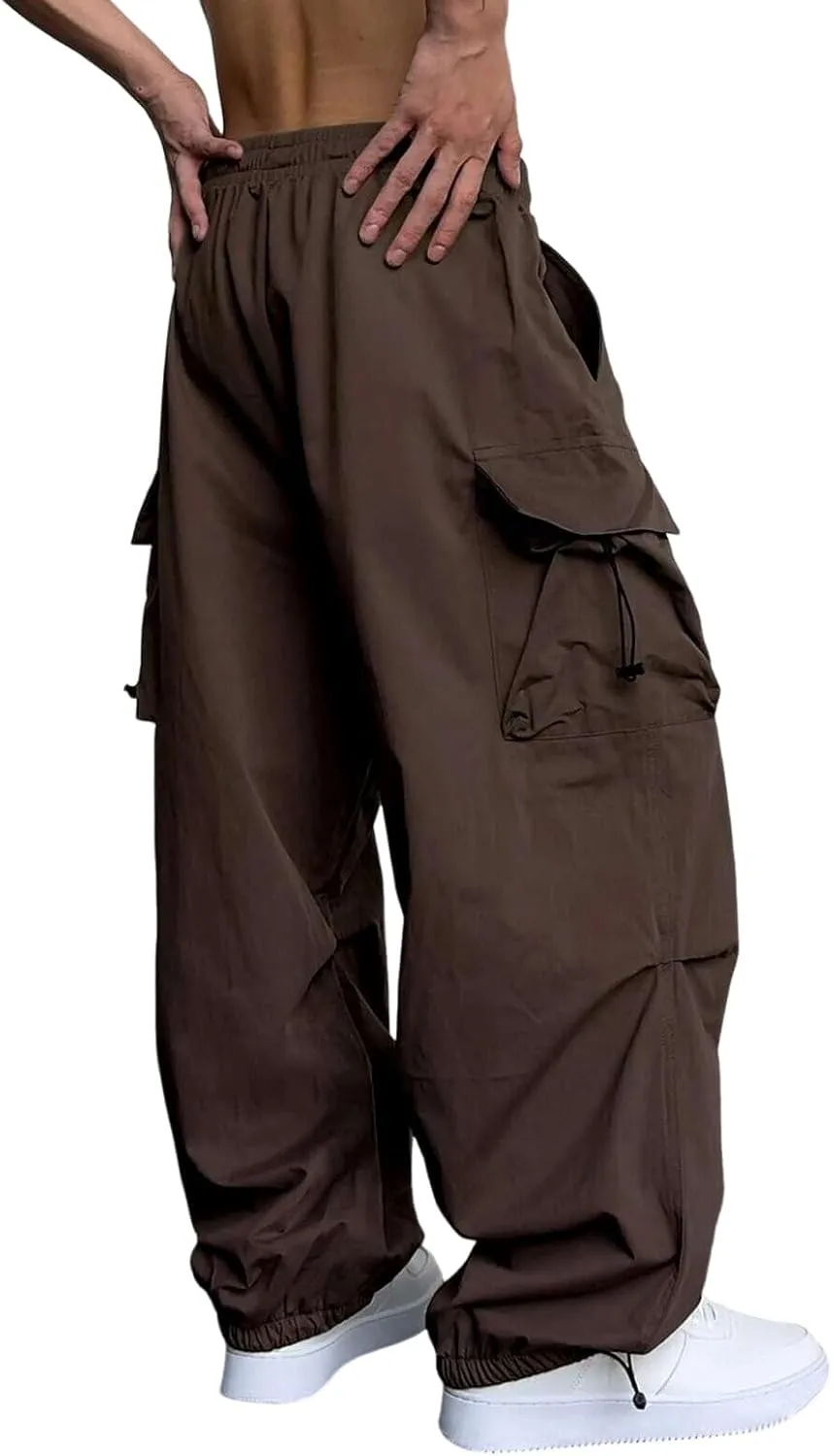 Men's Trendy Loose Fit Baggy Parachute Cargo Pants Drawstring Casual Harem Joggers with Pockets for Outdoor Work Beach