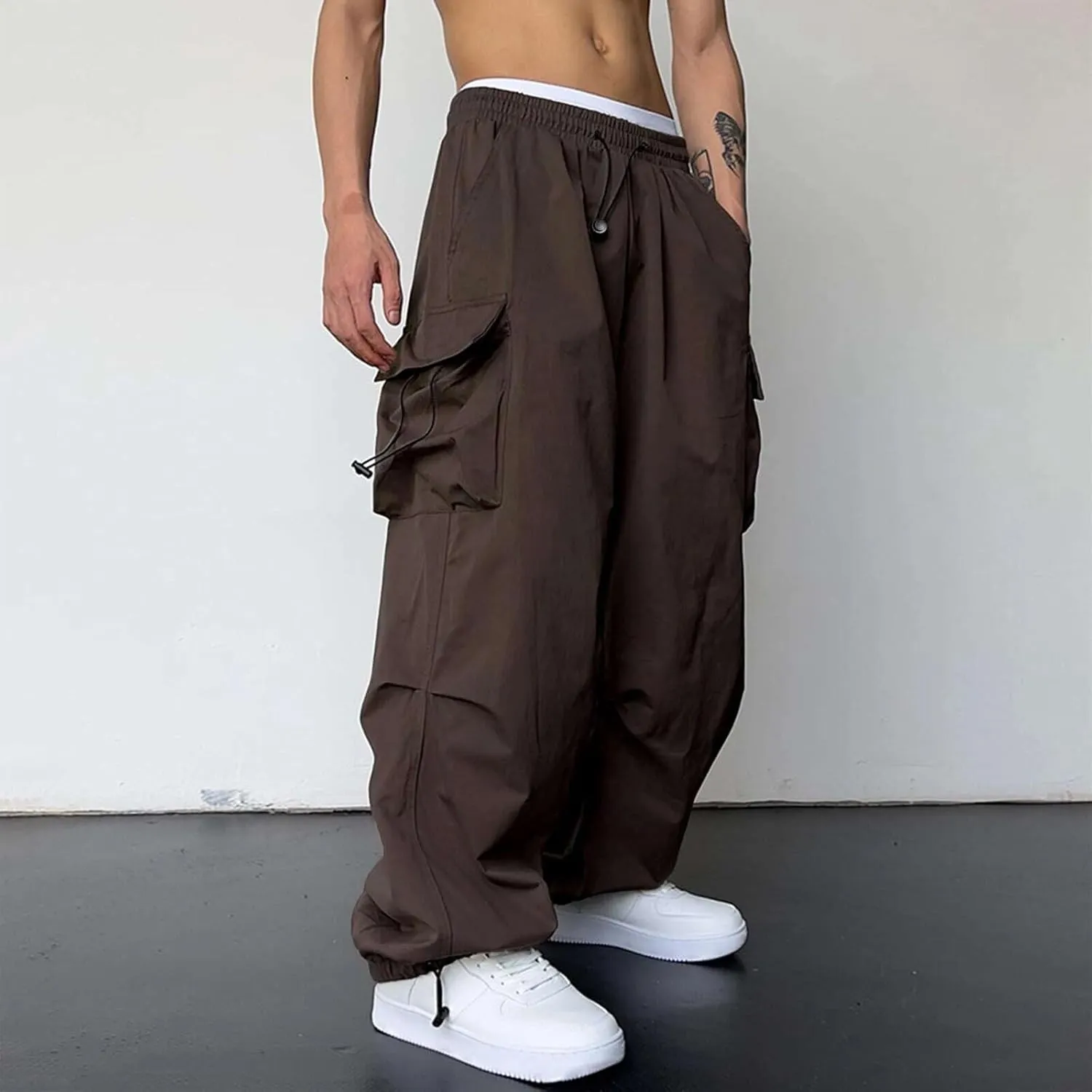 Men's Trendy Loose Fit Baggy Parachute Cargo Pants Drawstring Casual Harem Joggers with Pockets for Outdoor Work Beach
