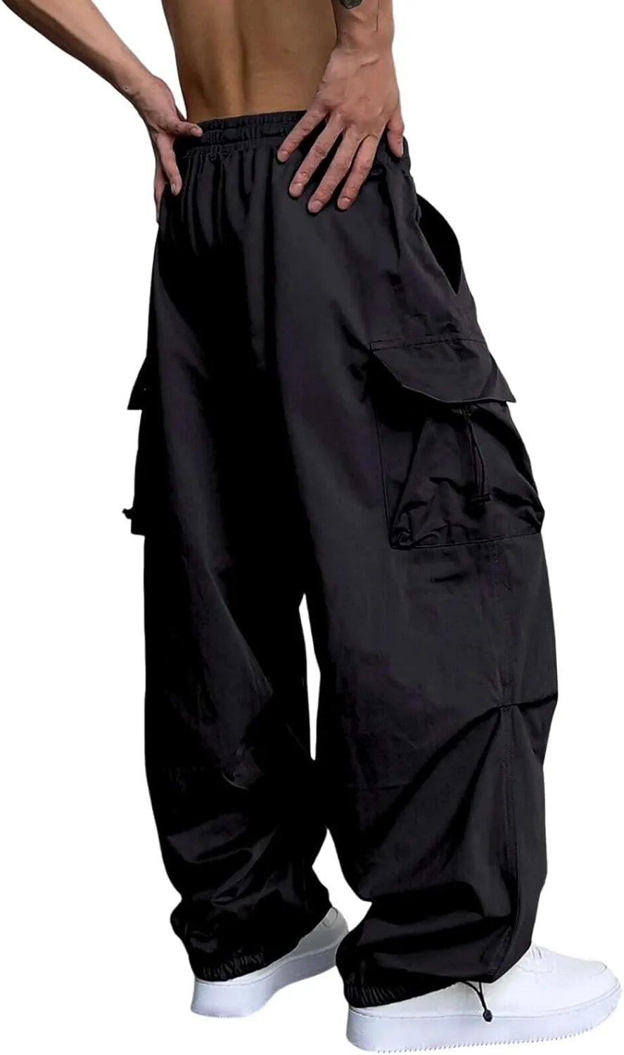 Men's Trendy Loose Fit Baggy Parachute Cargo Pants Drawstring Casual Harem Joggers with Pockets for Outdoor Work Beach