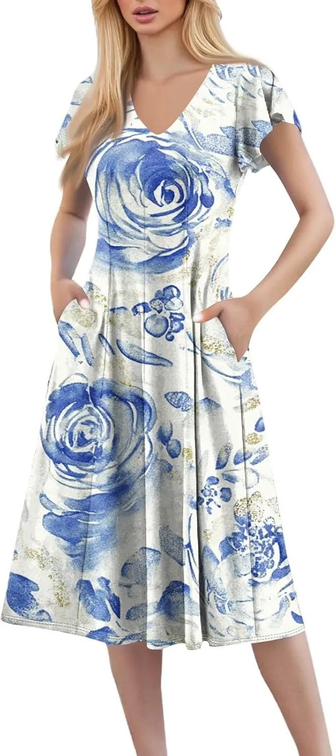 Midi Dresses Short Sleeve Deep V Neck Summer Casual Plus Size Split Trendy Casual Wedding Guest Dresses for Women Long