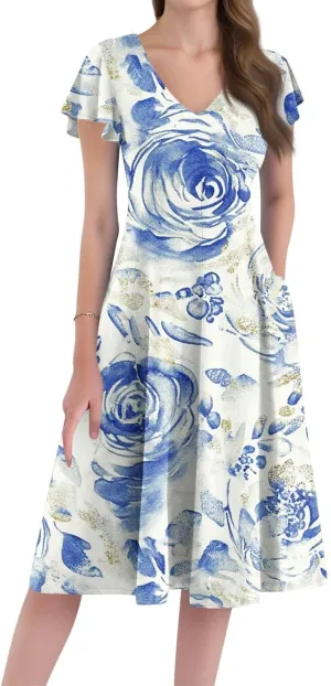 Midi Dresses Short Sleeve Deep V Neck Summer Casual Plus Size Split Trendy Casual Wedding Guest Dresses for Women Long