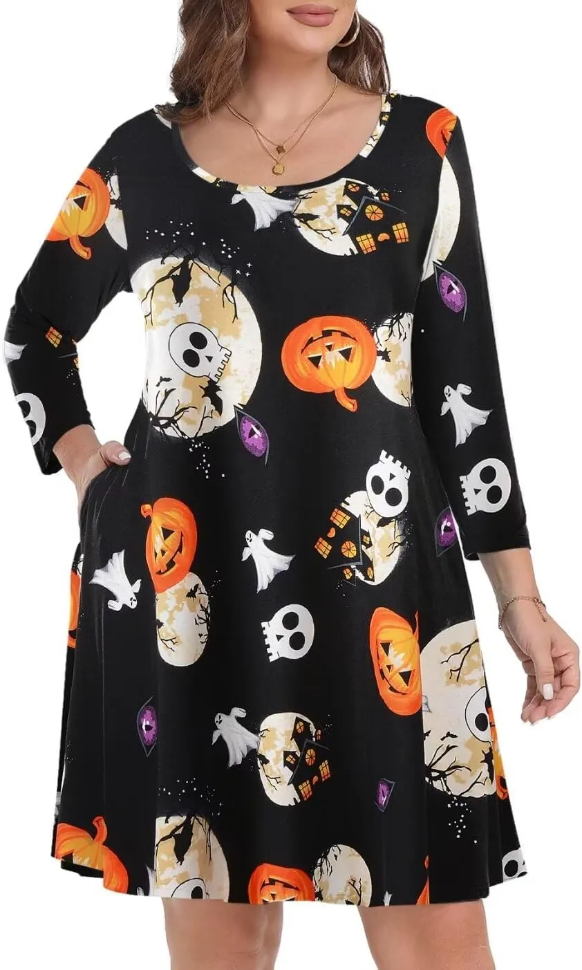 MONNURO Women's Plus Size Fall Dresses 3/4 Sleeve Casual Loose Fit Swing T-Shirt Dress with Pockets