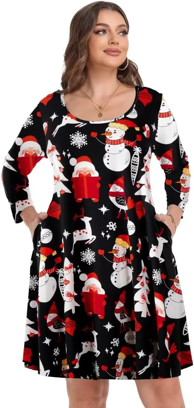 MONNURO Women's Plus Size Fall Dresses 3/4 Sleeve Casual Loose Fit Swing T-Shirt Dress with Pockets