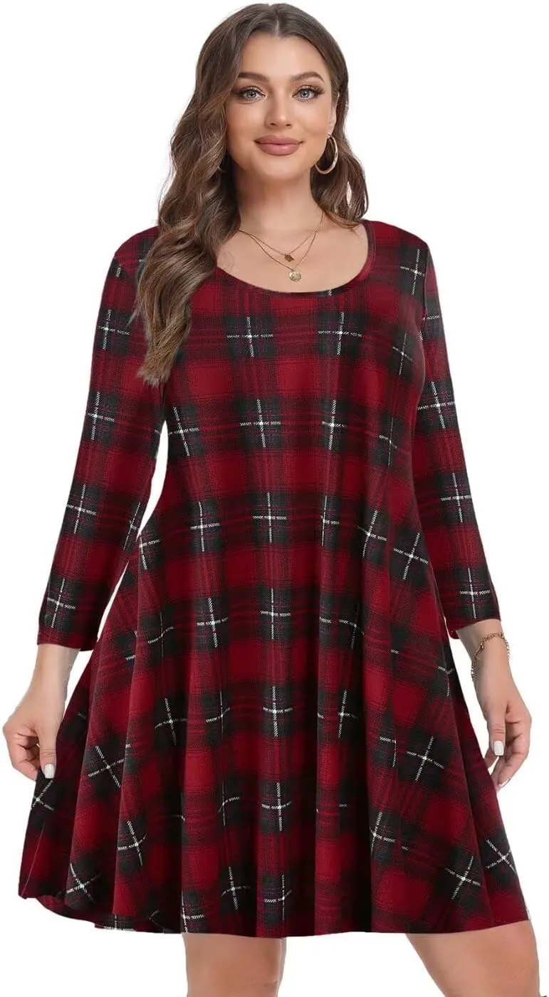 MONNURO Women's Plus Size Fall Dresses 3/4 Sleeve Casual Loose Fit Swing T-Shirt Dress with Pockets