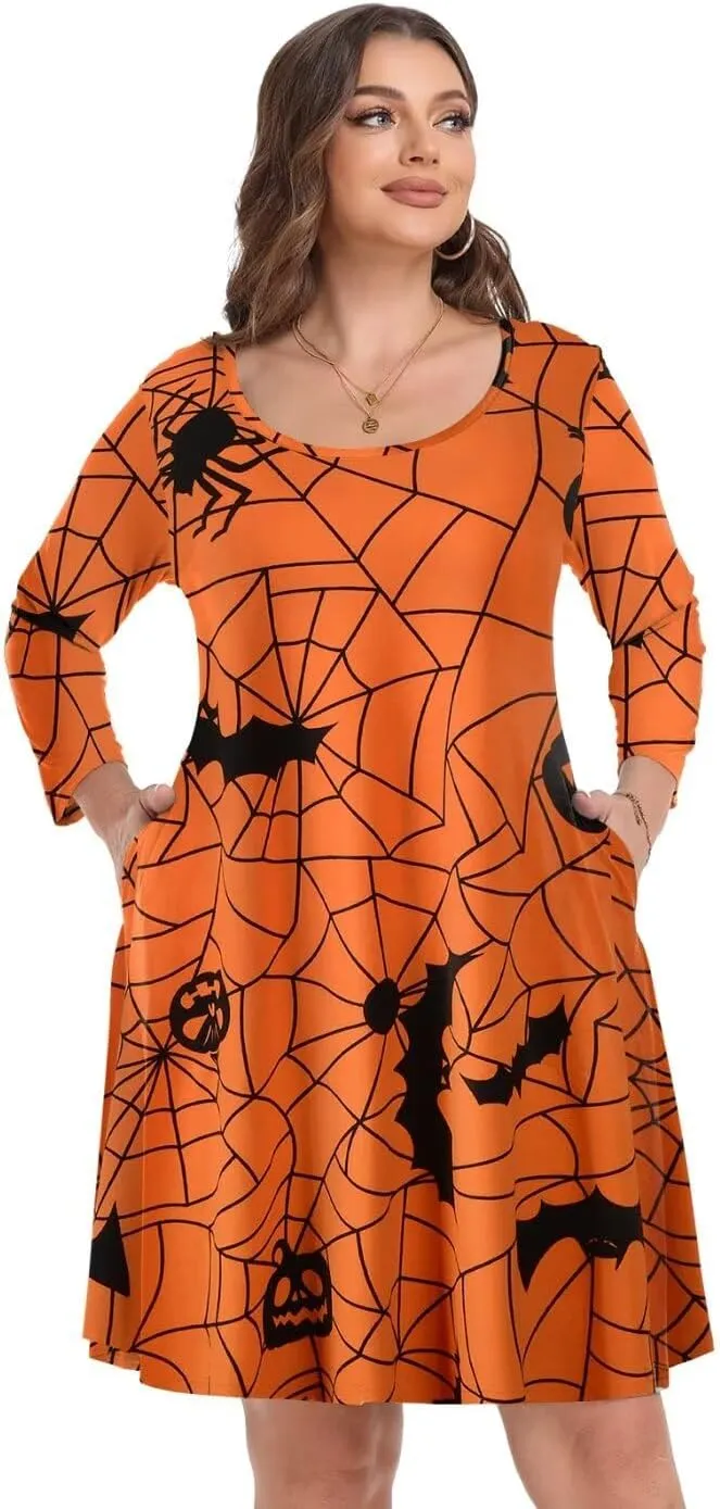 MONNURO Women's Plus Size Fall Dresses 3/4 Sleeve Casual Loose Fit Swing T-Shirt Dress with Pockets
