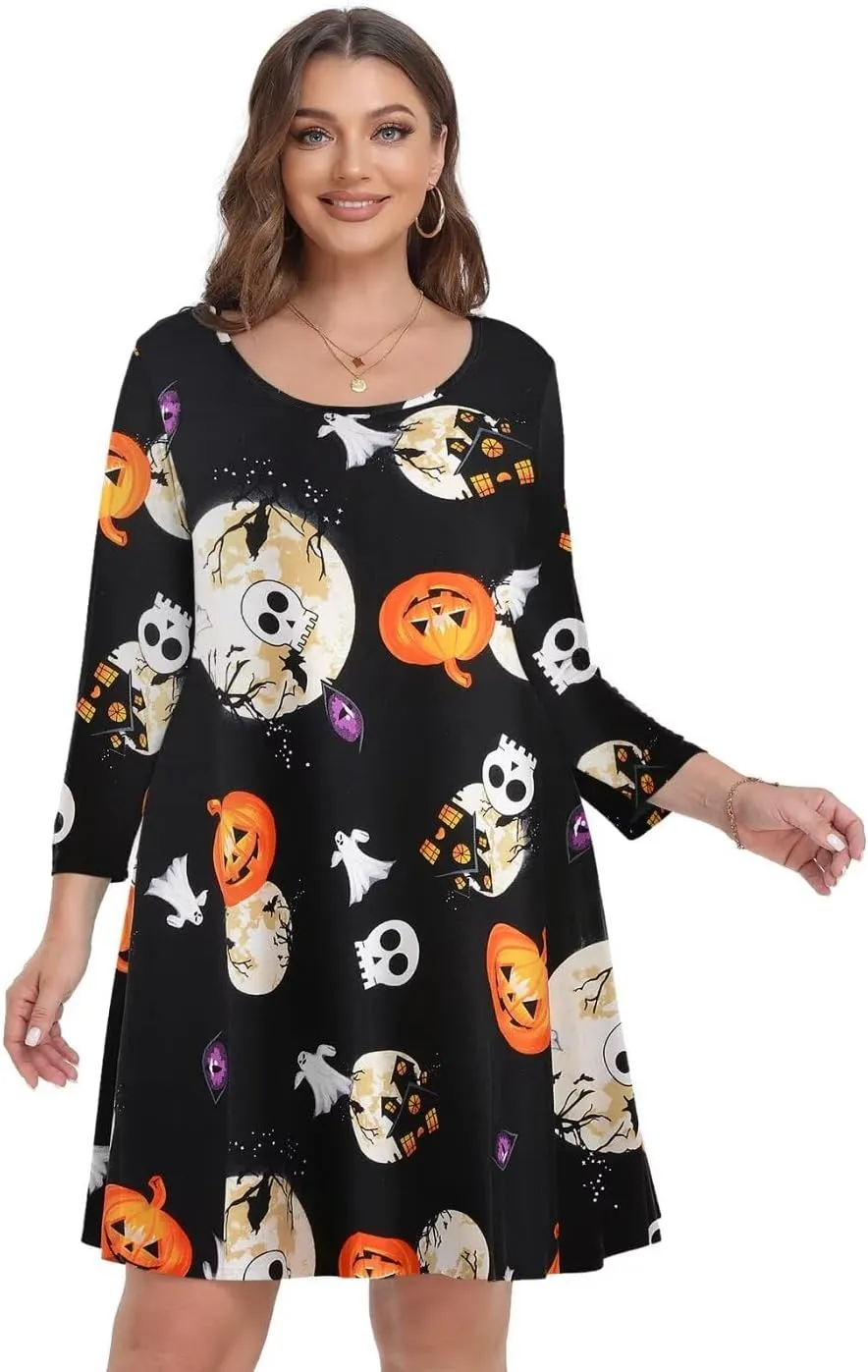 MONNURO Women's Plus Size Fall Dresses 3/4 Sleeve Casual Loose Fit Swing T-Shirt Dress with Pockets