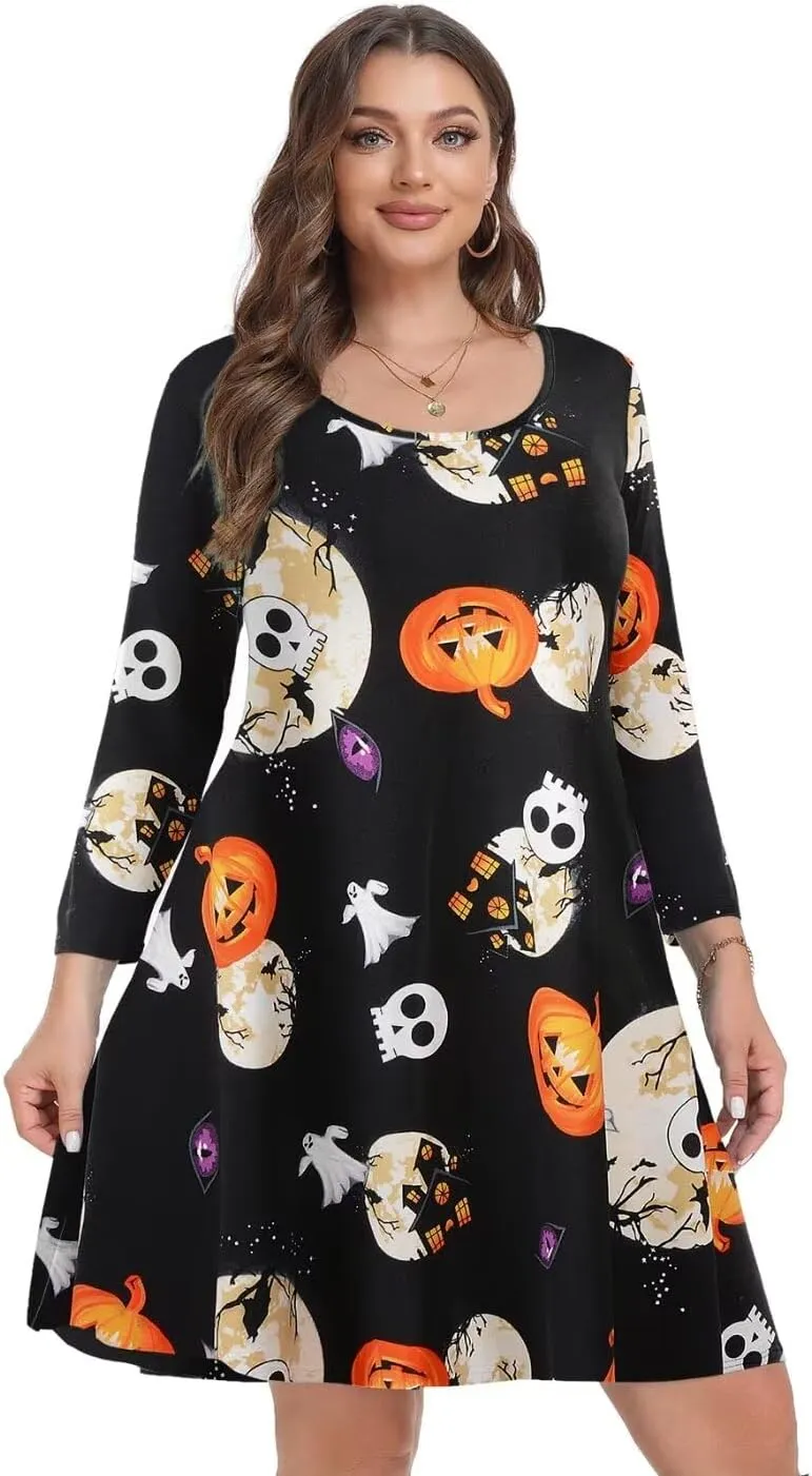 MONNURO Women's Plus Size Fall Dresses 3/4 Sleeve Casual Loose Fit Swing T-Shirt Dress with Pockets