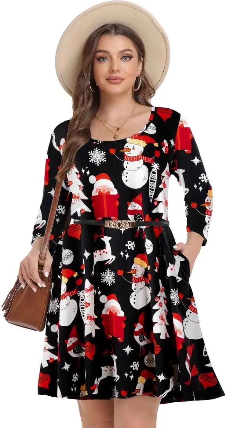 MONNURO Women's Plus Size Fall Dresses 3/4 Sleeve Casual Loose Fit Swing T-Shirt Dress with Pockets