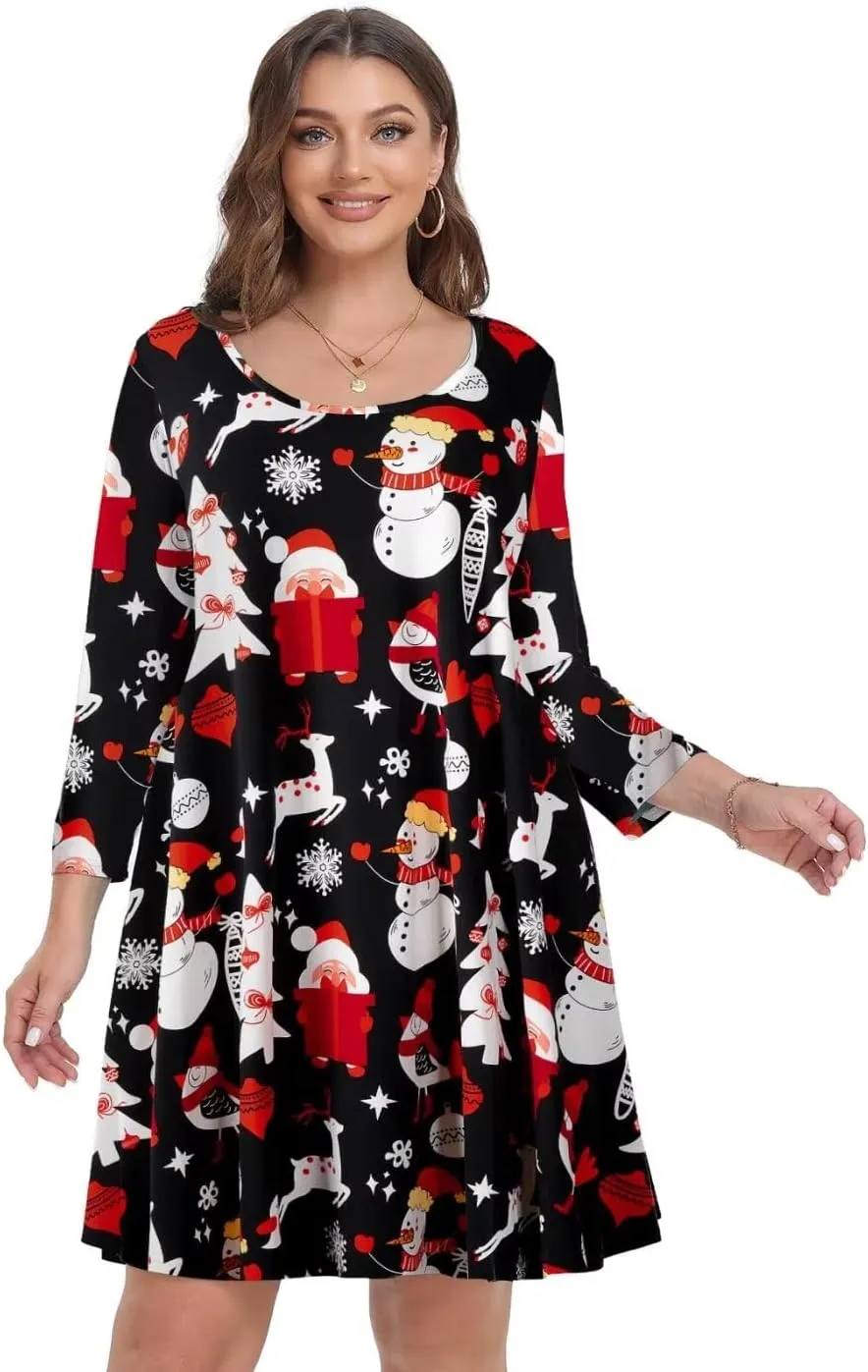 MONNURO Women's Plus Size Fall Dresses 3/4 Sleeve Casual Loose Fit Swing T-Shirt Dress with Pockets
