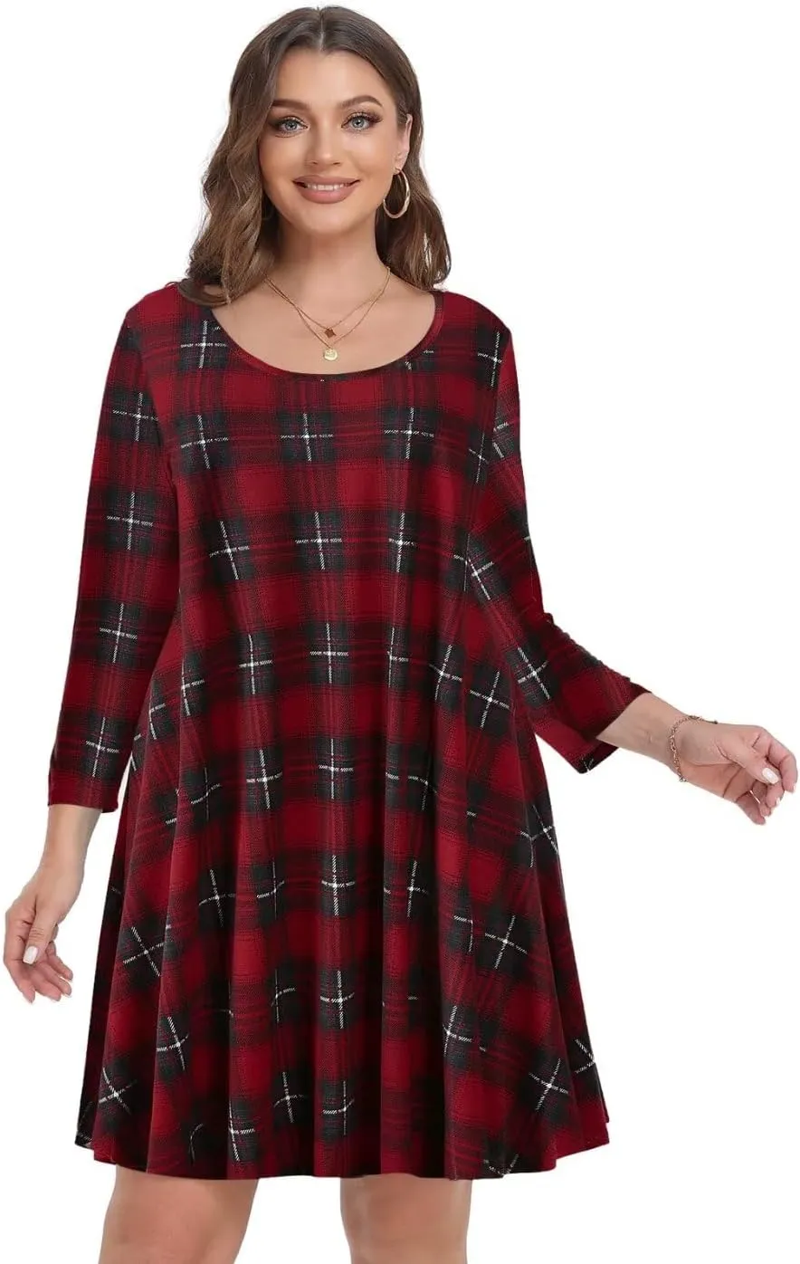 MONNURO Women's Plus Size Fall Dresses 3/4 Sleeve Casual Loose Fit Swing T-Shirt Dress with Pockets