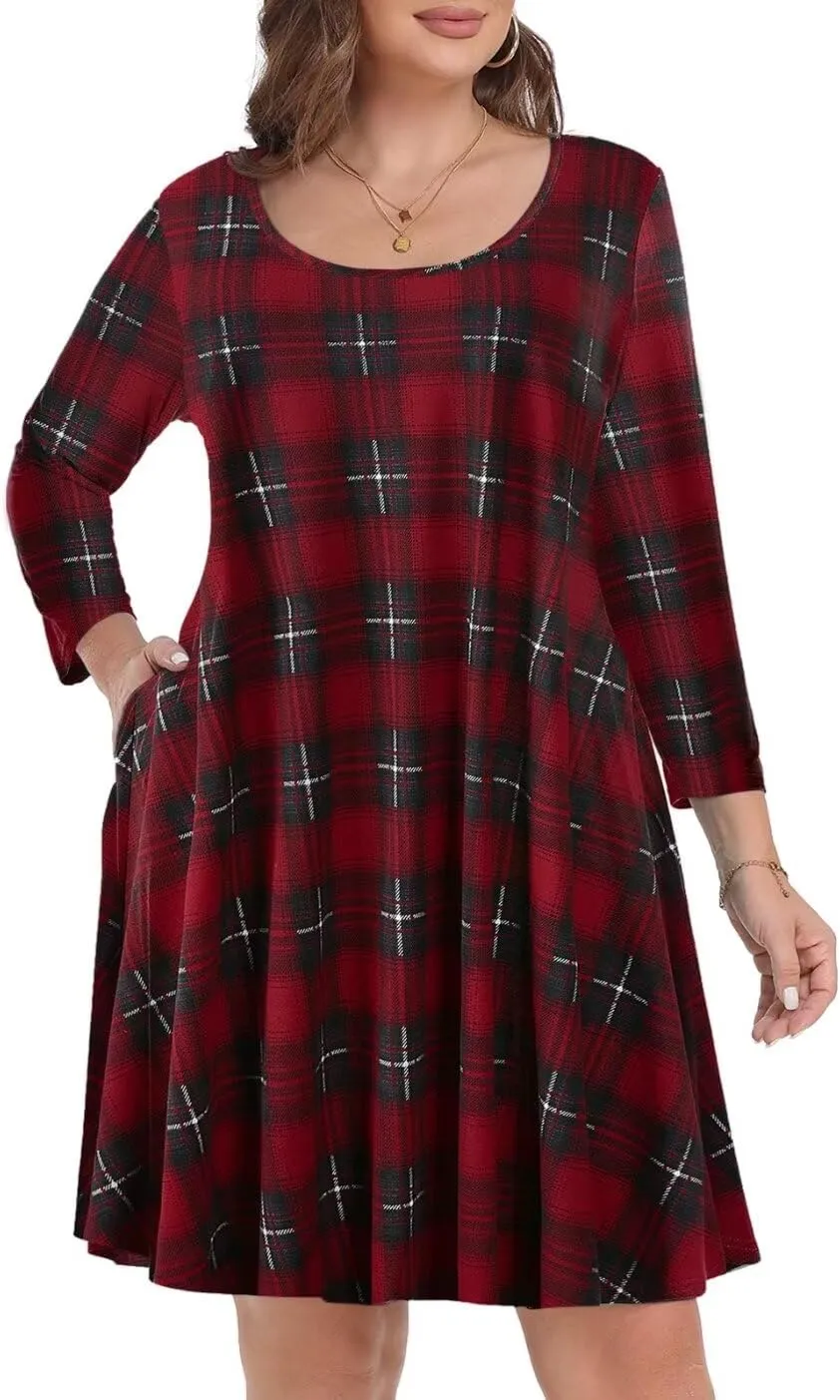 MONNURO Women's Plus Size Fall Dresses 3/4 Sleeve Casual Loose Fit Swing T-Shirt Dress with Pockets