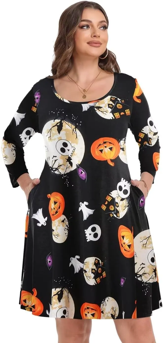 MONNURO Women's Plus Size Fall Dresses 3/4 Sleeve Casual Loose Fit Swing T-Shirt Dress with Pockets