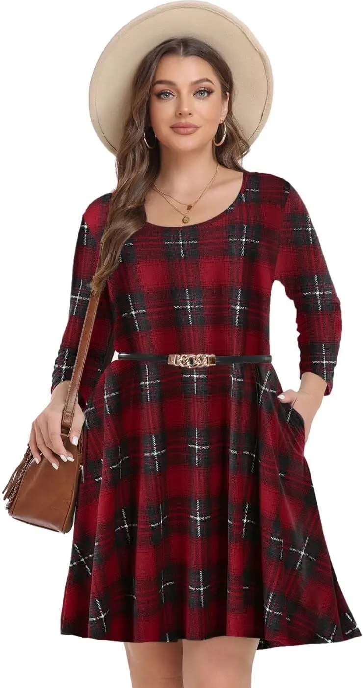 MONNURO Women's Plus Size Fall Dresses 3/4 Sleeve Casual Loose Fit Swing T-Shirt Dress with Pockets
