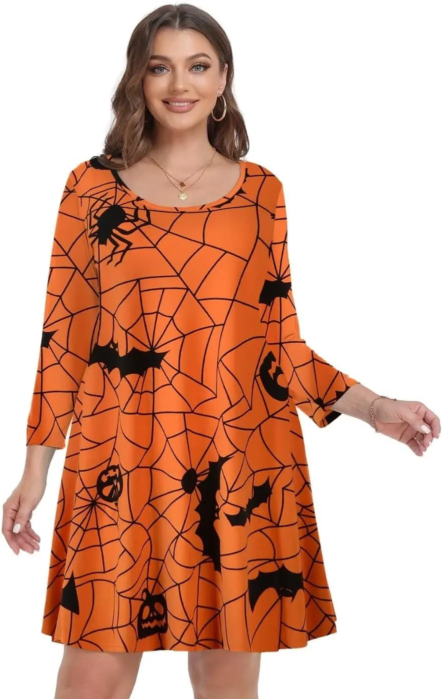 MONNURO Women's Plus Size Fall Dresses 3/4 Sleeve Casual Loose Fit Swing T-Shirt Dress with Pockets