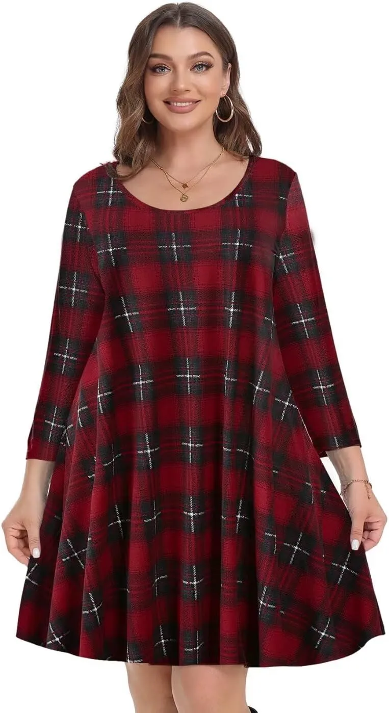 MONNURO Women's Plus Size Fall Dresses 3/4 Sleeve Casual Loose Fit Swing T-Shirt Dress with Pockets