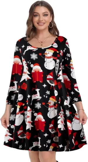 MONNURO Women's Plus Size Fall Dresses 3/4 Sleeve Casual Loose Fit Swing T-Shirt Dress with Pockets