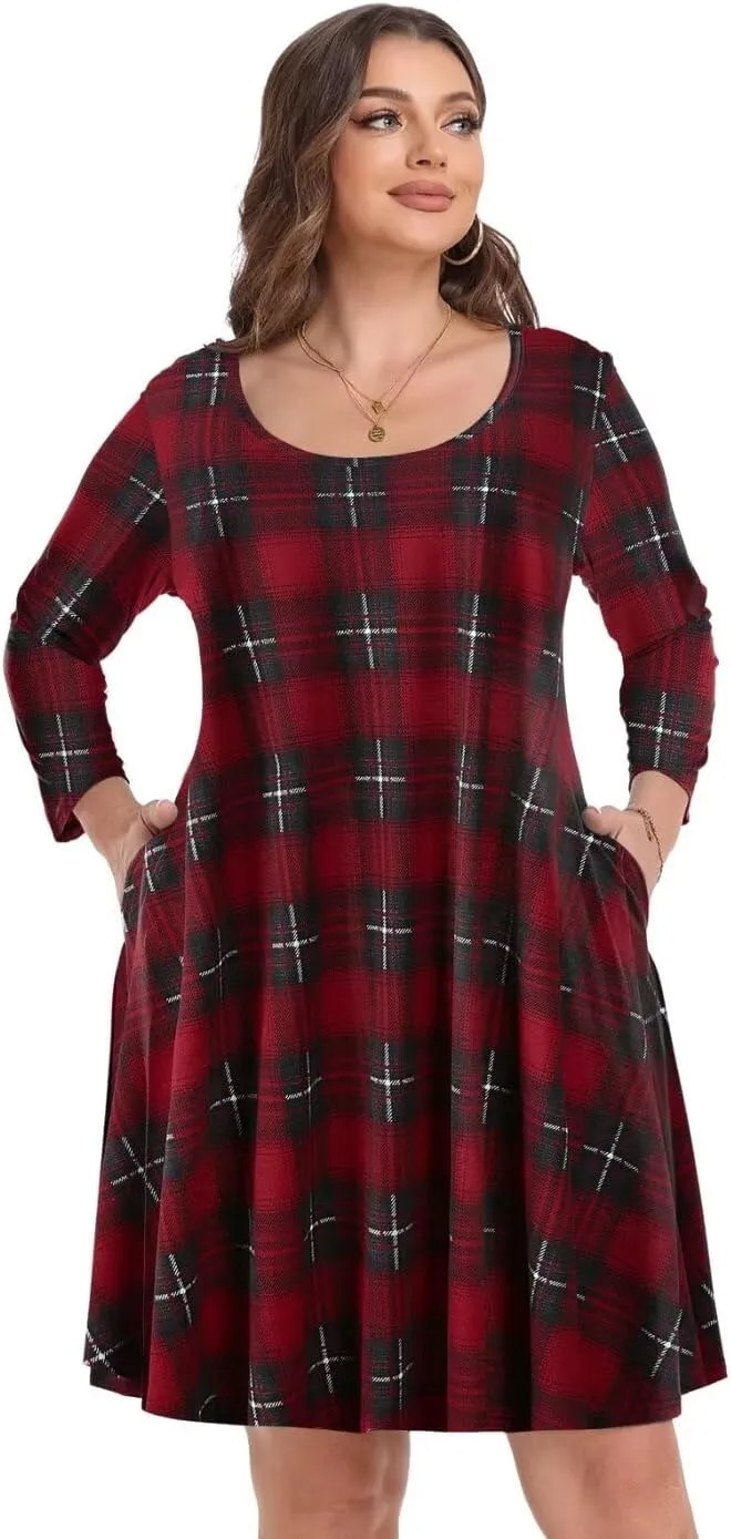 MONNURO Women's Plus Size Fall Dresses 3/4 Sleeve Casual Loose Fit Swing T-Shirt Dress with Pockets
