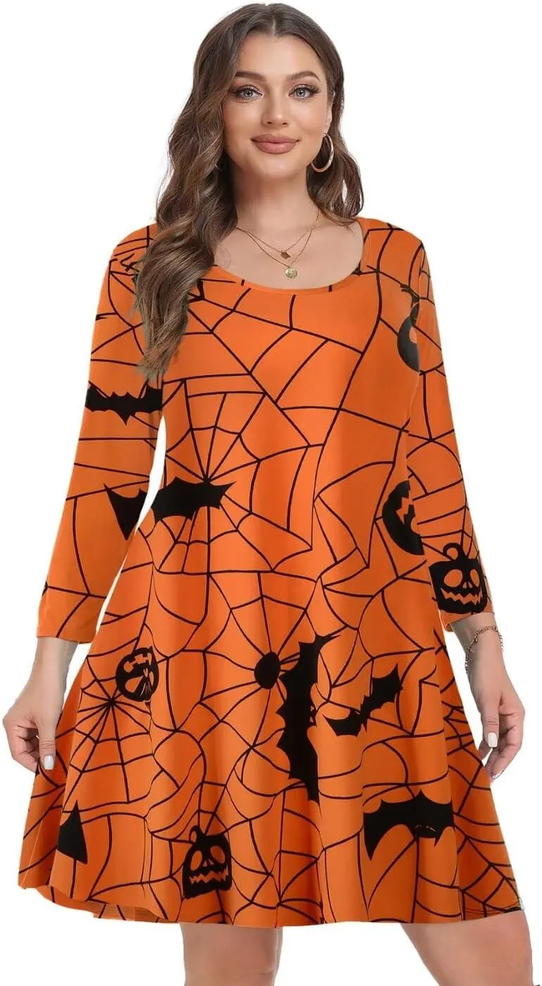 MONNURO Women's Plus Size Fall Dresses 3/4 Sleeve Casual Loose Fit Swing T-Shirt Dress with Pockets