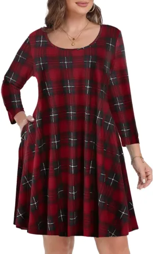 MONNURO Women's Plus Size Fall Dresses 3/4 Sleeve Casual Loose Fit Swing T-Shirt Dress with Pockets