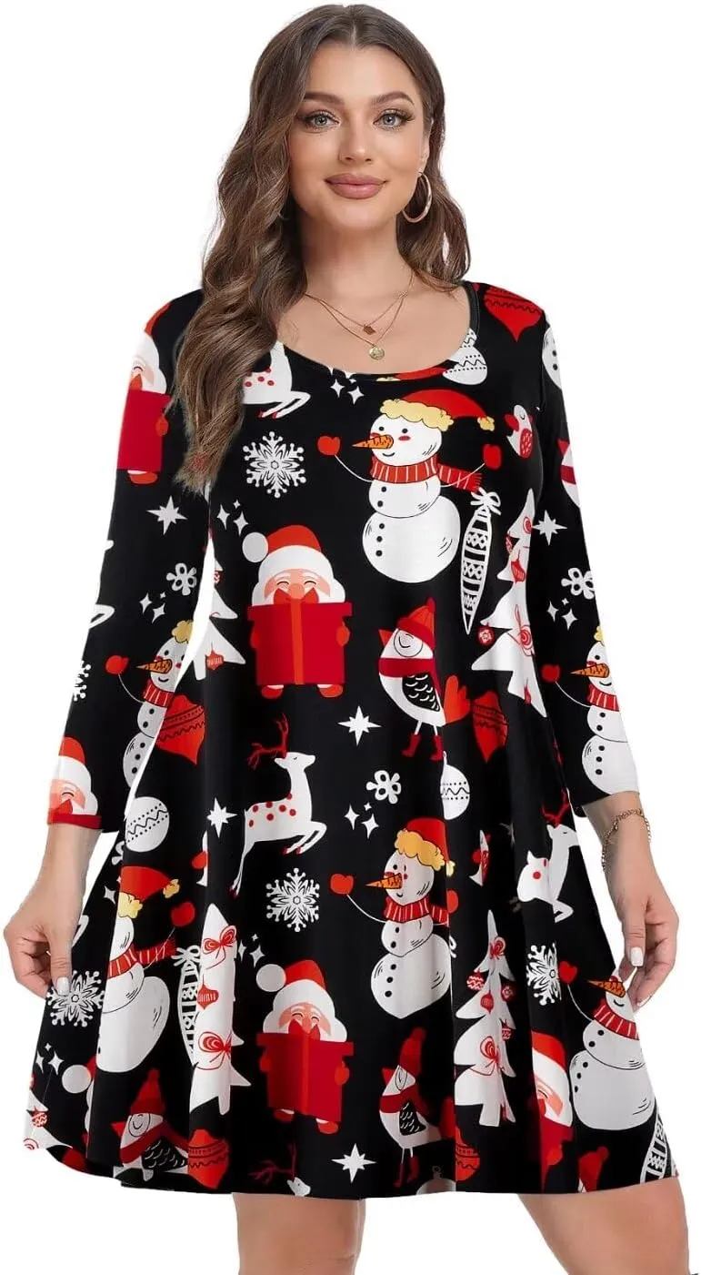 MONNURO Women's Plus Size Fall Dresses 3/4 Sleeve Casual Loose Fit Swing T-Shirt Dress with Pockets