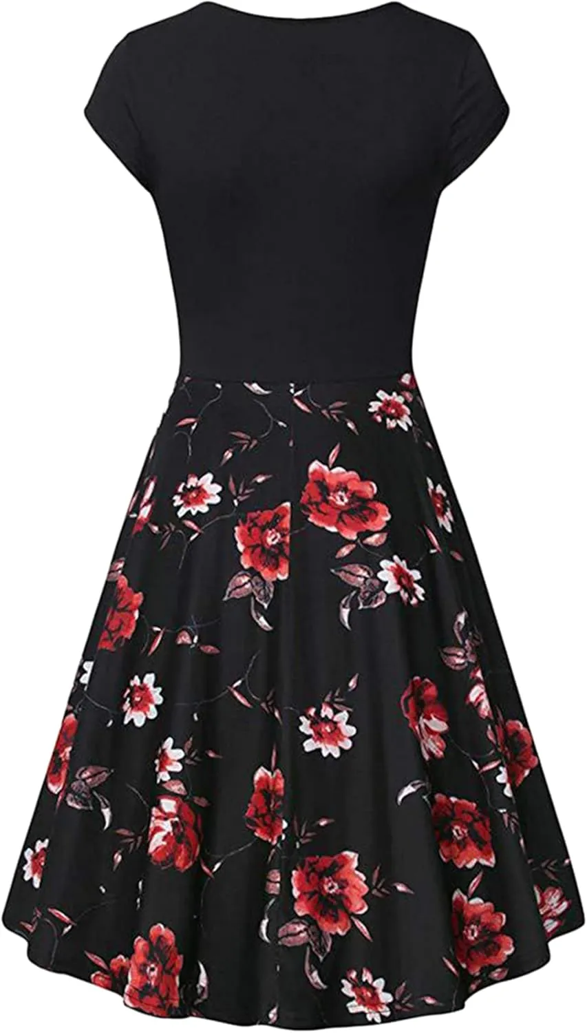 OMZIN Lady Classy Cap Sleeve Dresses Vintage Floral Print Dress Floral