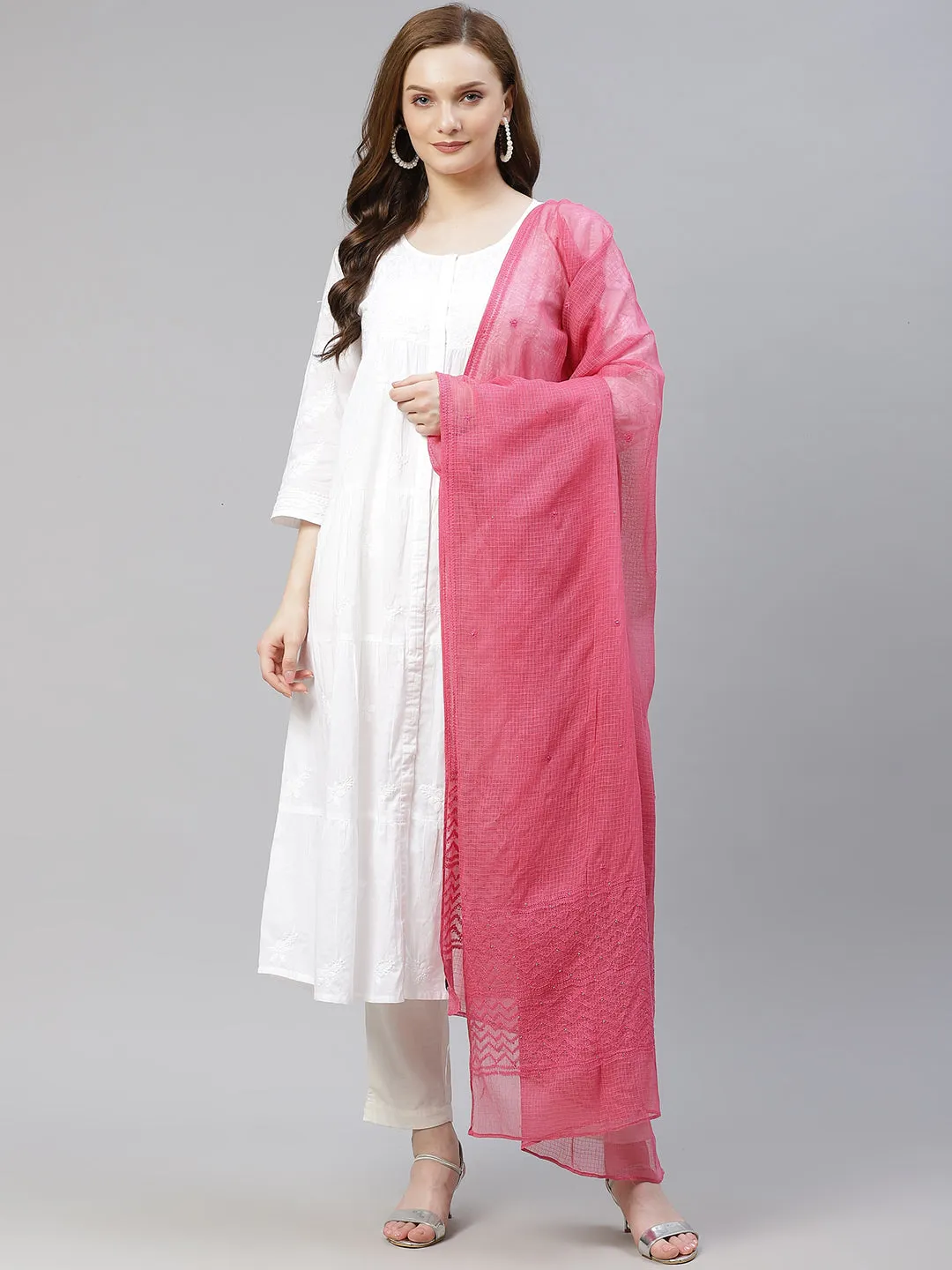 Pink Chikankari Kota Silk Dupatta