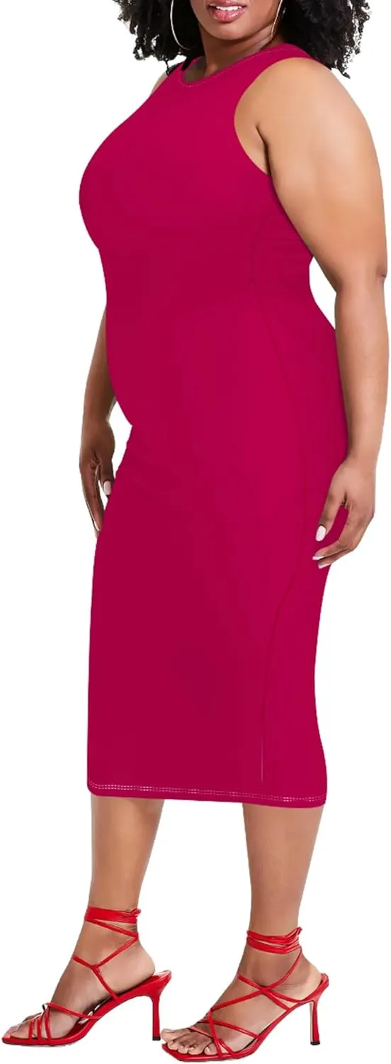 Plus Size Sexy Bodycon Midi Dress for Women Summer Business Casual Tank Sleeveless Sundress Solid Dress XL-6XL