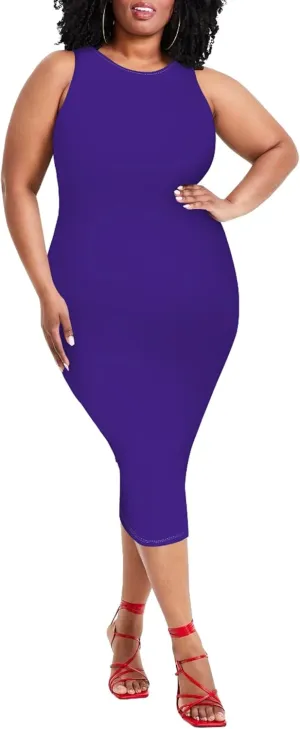 Plus Size Sexy Bodycon Midi Dress for Women Summer Business Casual Tank Sleeveless Sundress Solid Dress XL-6XL