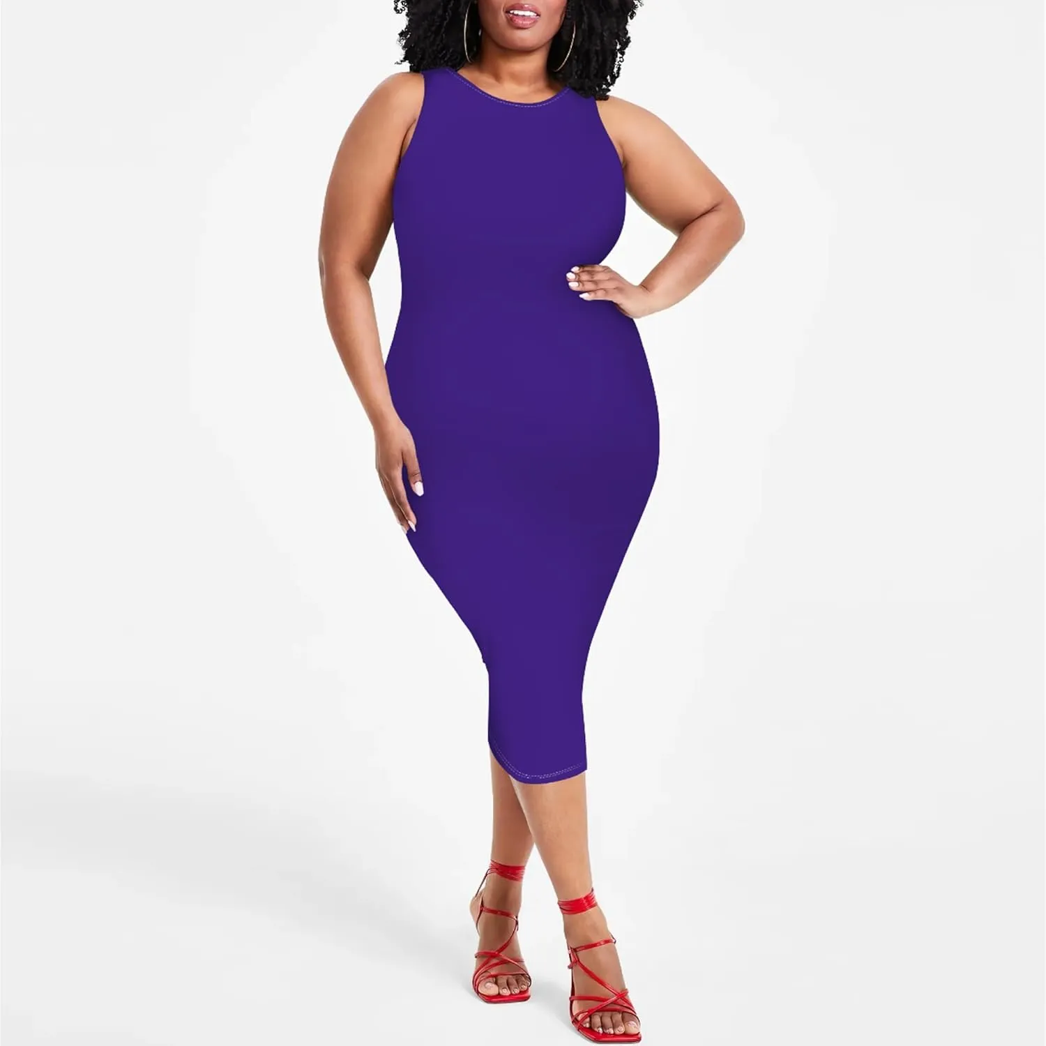 Plus Size Sexy Bodycon Midi Dress for Women Summer Business Casual Tank Sleeveless Sundress Solid Dress XL-6XL