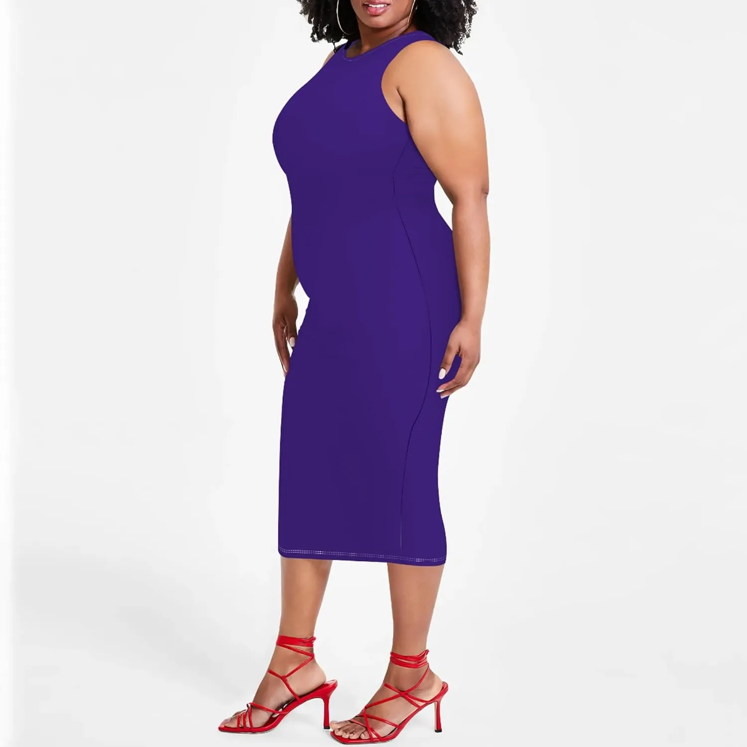Plus Size Sexy Bodycon Midi Dress for Women Summer Business Casual Tank Sleeveless Sundress Solid Dress XL-6XL