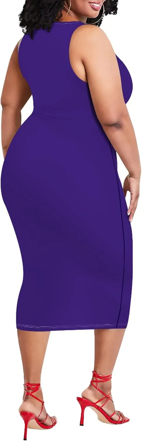 Plus Size Sexy Bodycon Midi Dress for Women Summer Business Casual Tank Sleeveless Sundress Solid Dress XL-6XL