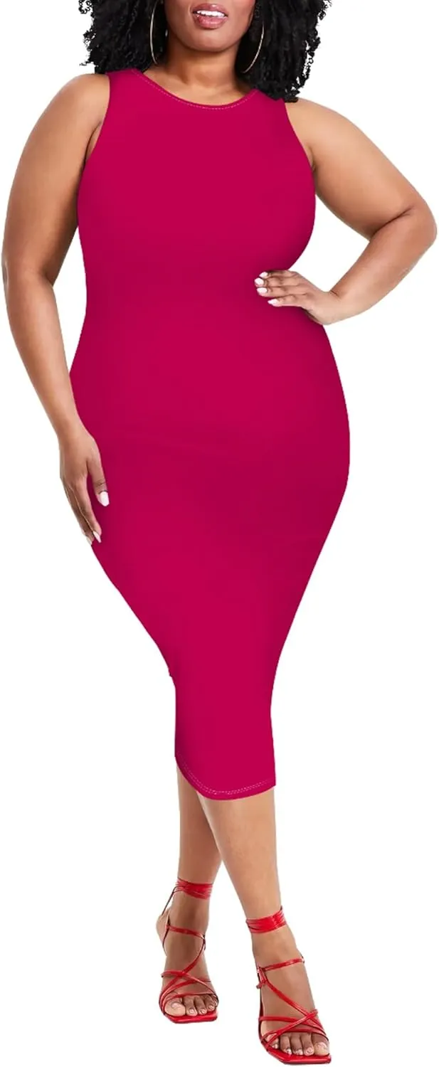 Plus Size Sexy Bodycon Midi Dress for Women Summer Business Casual Tank Sleeveless Sundress Solid Dress XL-6XL