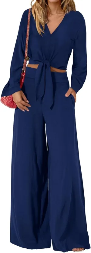 PRETTYGARDEN Women's 2 Piece Outfits 2025 Spring Casual V Neck Long Sleeve Strappy Crop Top Wide Leg Palazzo Pant Sets