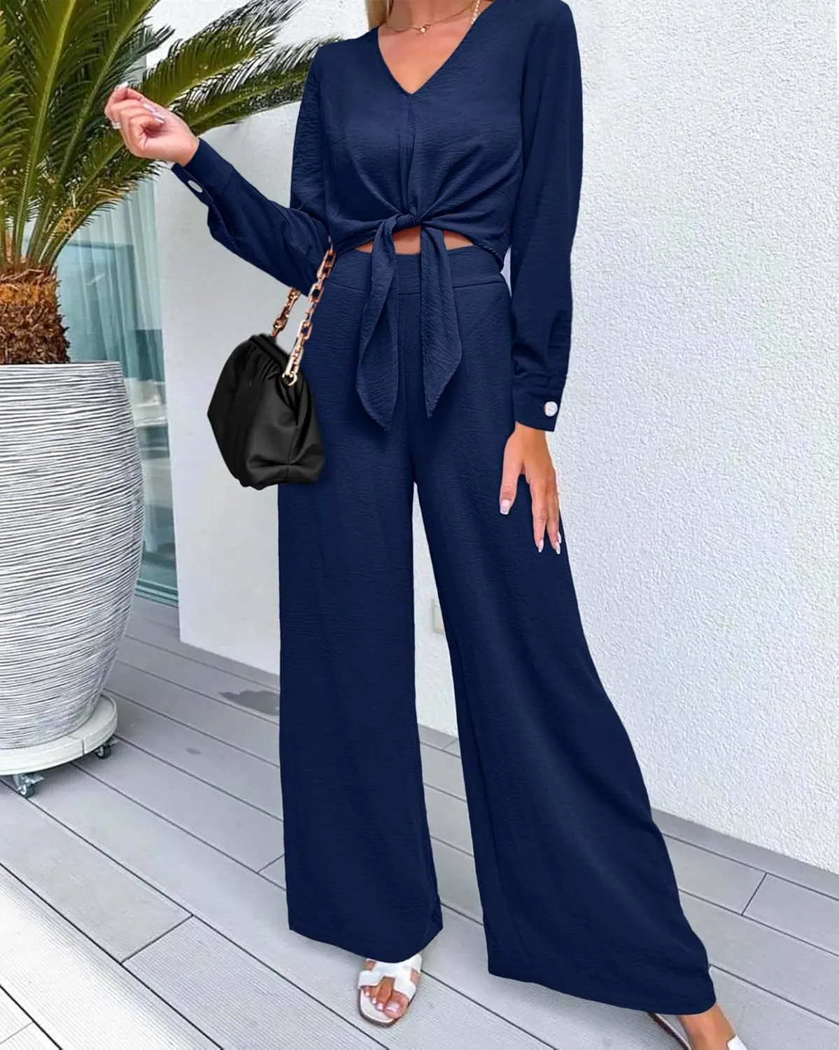 PRETTYGARDEN Women's 2 Piece Outfits 2025 Spring Casual V Neck Long Sleeve Strappy Crop Top Wide Leg Palazzo Pant Sets