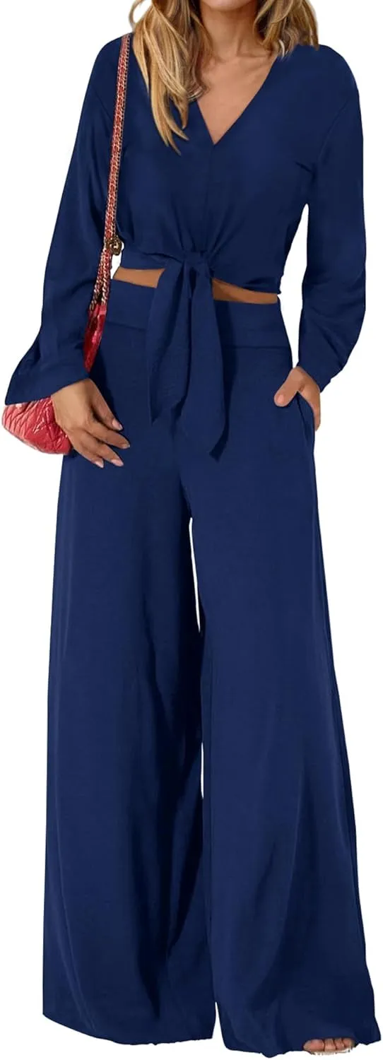 PRETTYGARDEN Women's 2 Piece Outfits 2025 Spring Casual V Neck Long Sleeve Strappy Crop Top Wide Leg Palazzo Pant Sets