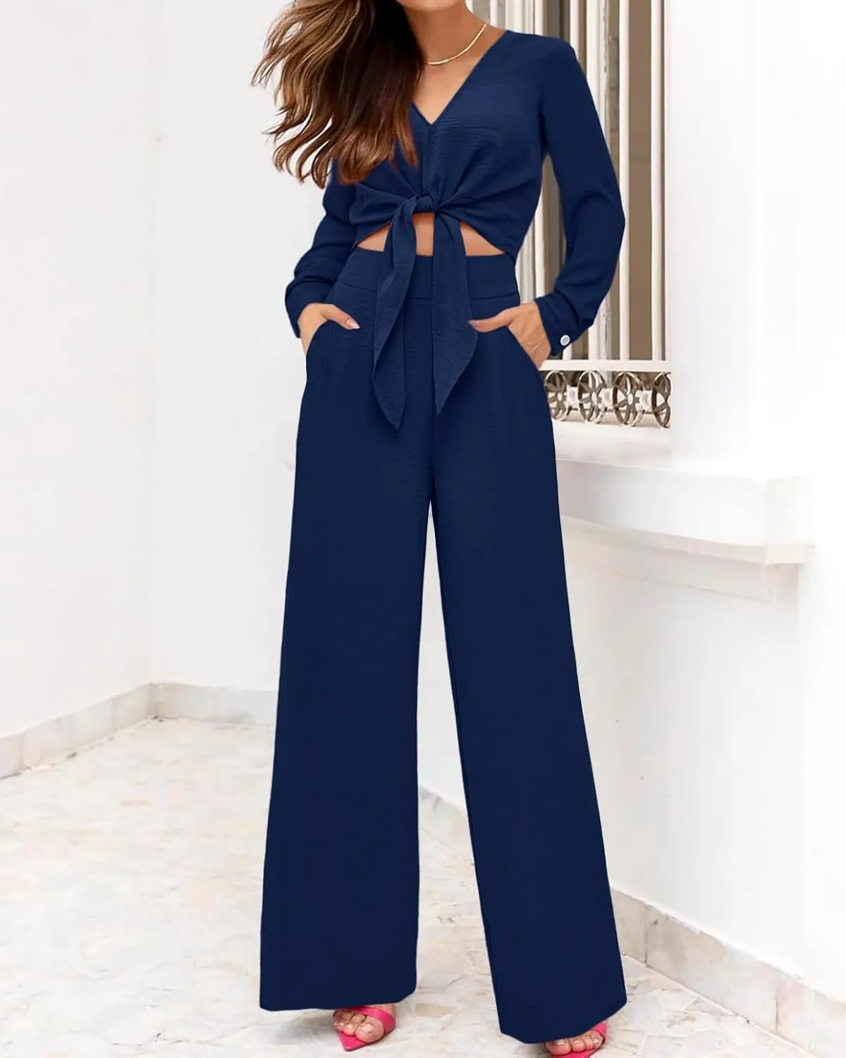 PRETTYGARDEN Women's 2 Piece Outfits 2025 Spring Casual V Neck Long Sleeve Strappy Crop Top Wide Leg Palazzo Pant Sets