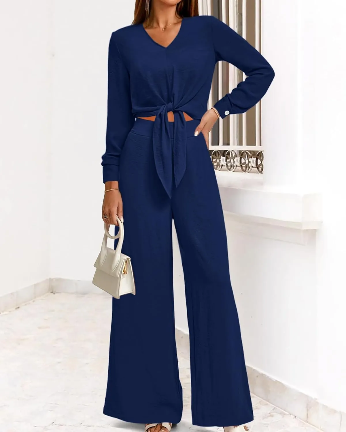 PRETTYGARDEN Women's 2 Piece Outfits 2025 Spring Casual V Neck Long Sleeve Strappy Crop Top Wide Leg Palazzo Pant Sets