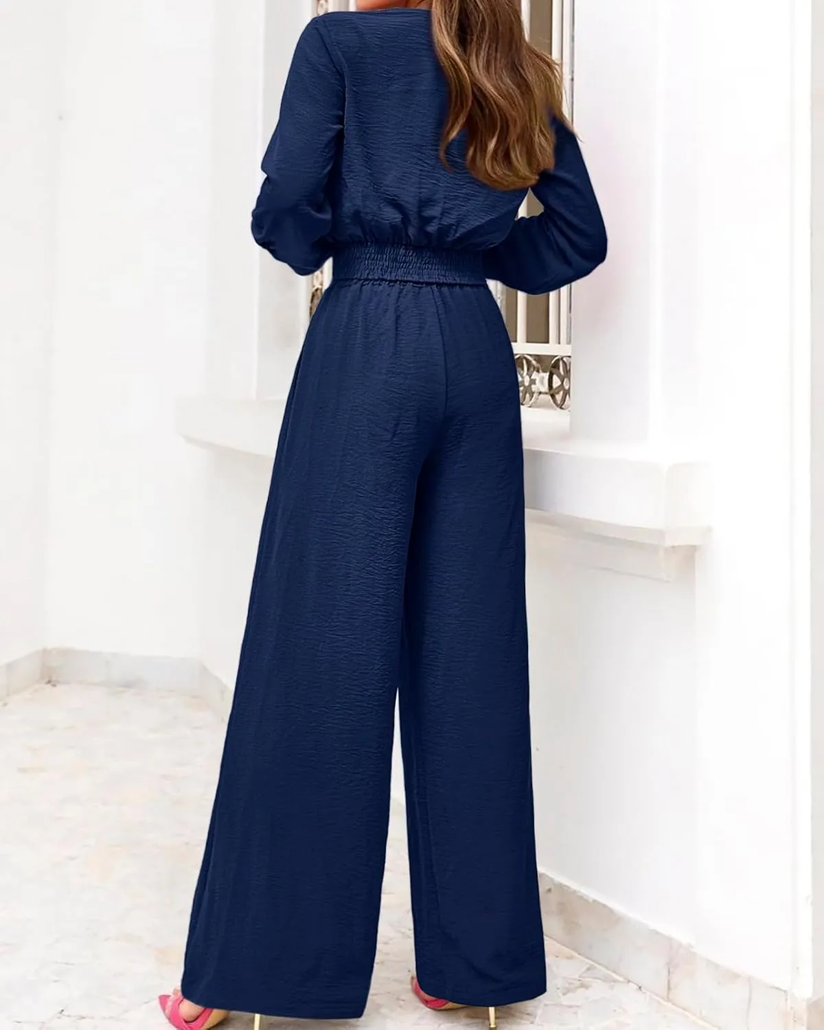 PRETTYGARDEN Women's 2 Piece Outfits 2025 Spring Casual V Neck Long Sleeve Strappy Crop Top Wide Leg Palazzo Pant Sets