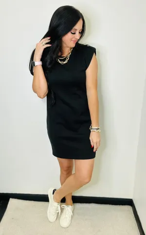 Retreat Cap Sleeve Black Scuba A-Line Dress