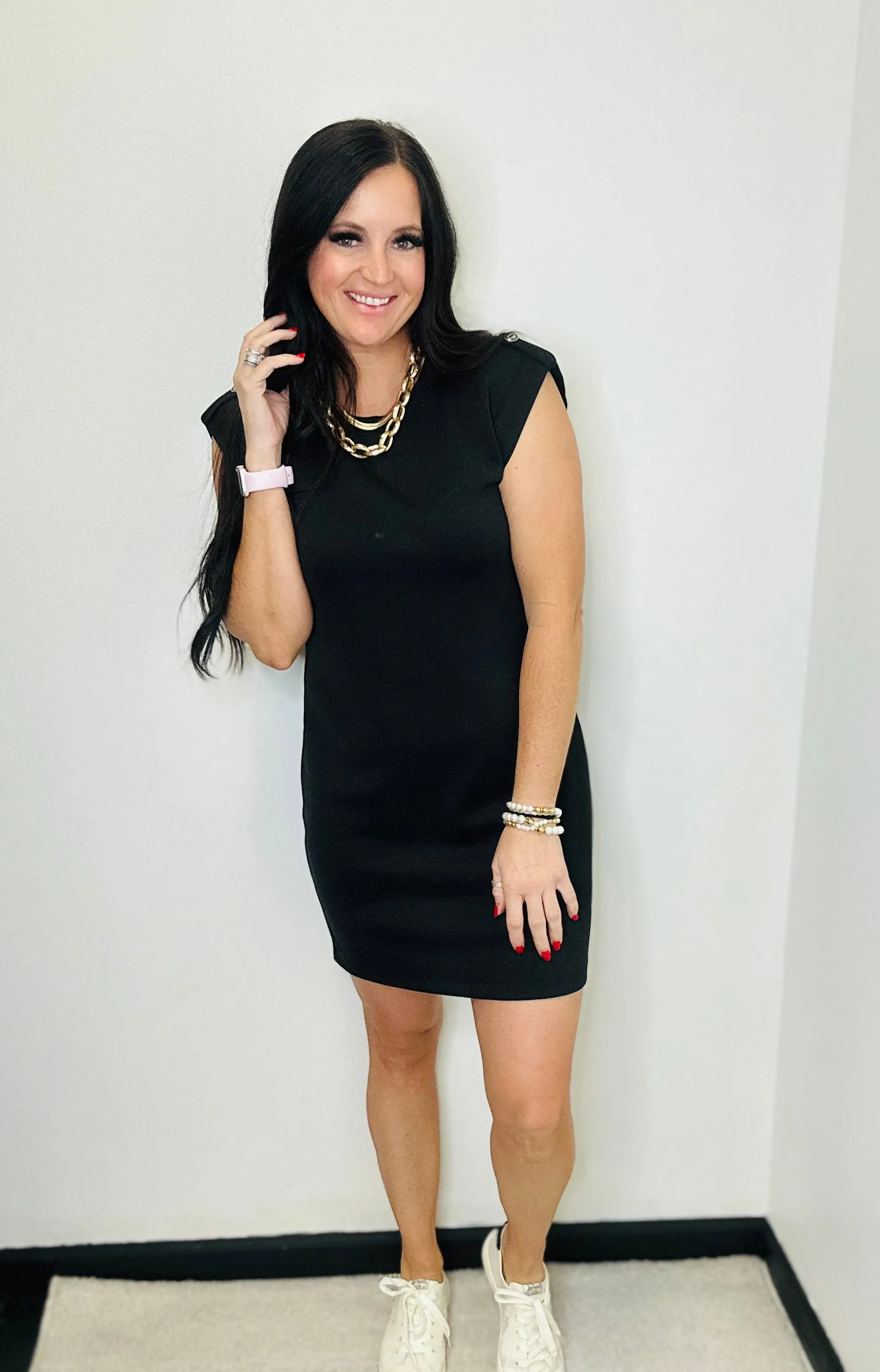 Retreat Cap Sleeve Black Scuba A-Line Dress