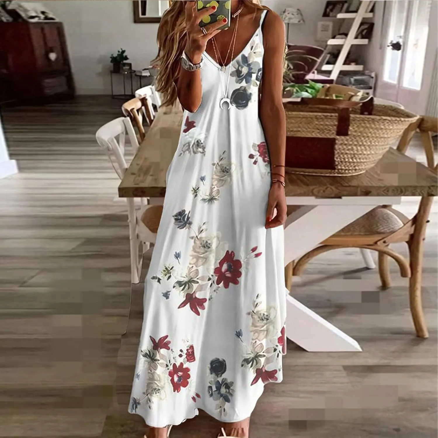 Sexy Dresses for Women Floral Print Spaghetti Strap Boho Dress Summer Elegant V Neck Ruffle Maxi Dress Party Evening