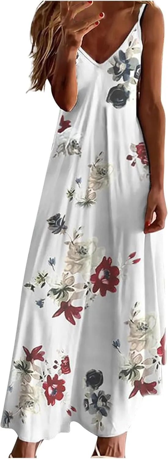 Sexy Dresses for Women Floral Print Spaghetti Strap Boho Dress Summer Elegant V Neck Ruffle Maxi Dress Party Evening