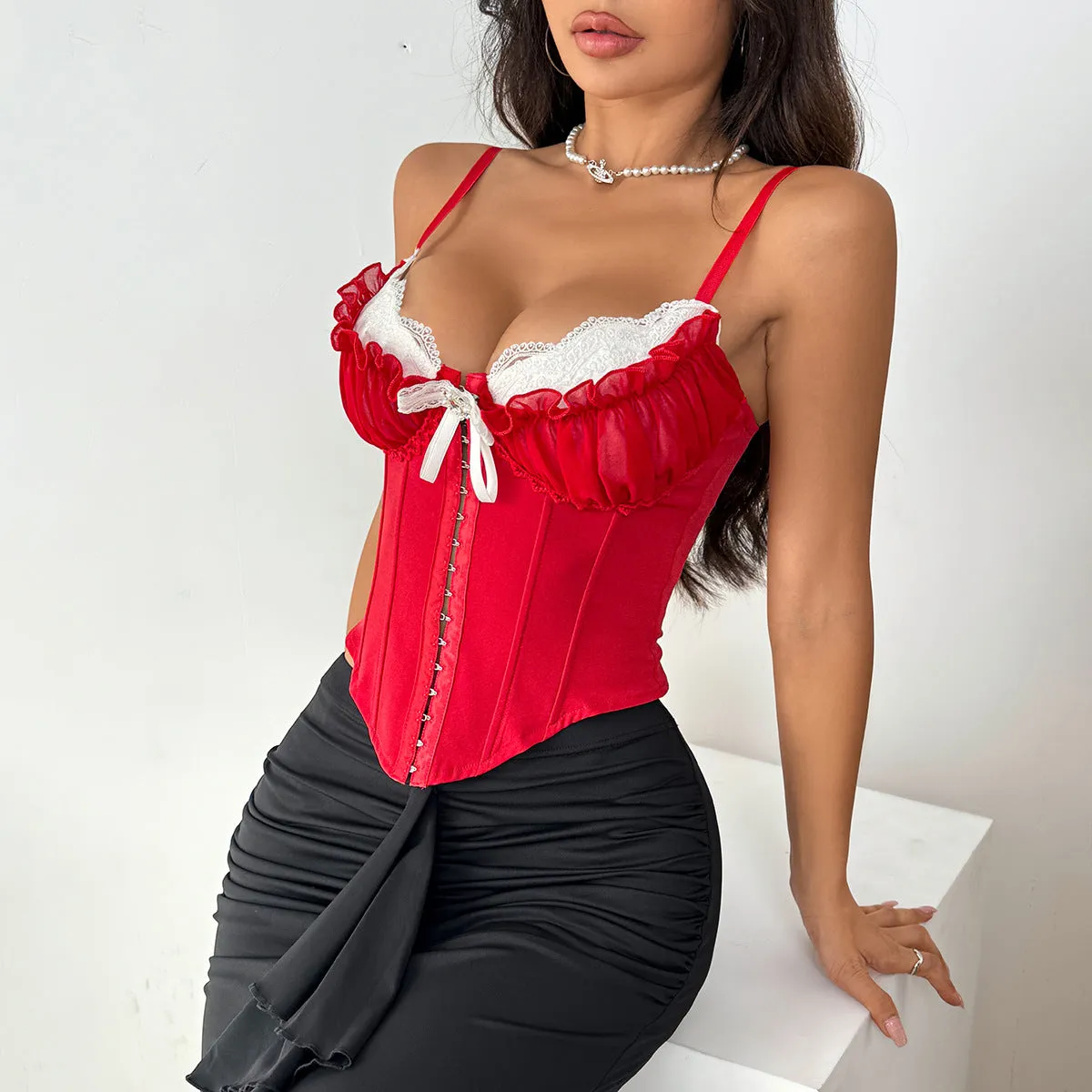 Sexy Sheer Mesh Splicing Lace Top with Narrow Straps