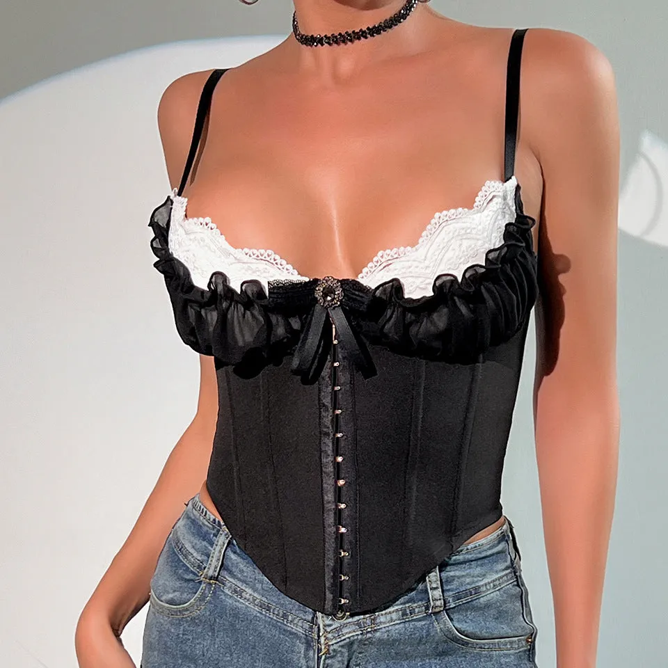 Sexy Sheer Mesh Splicing Lace Top with Narrow Straps