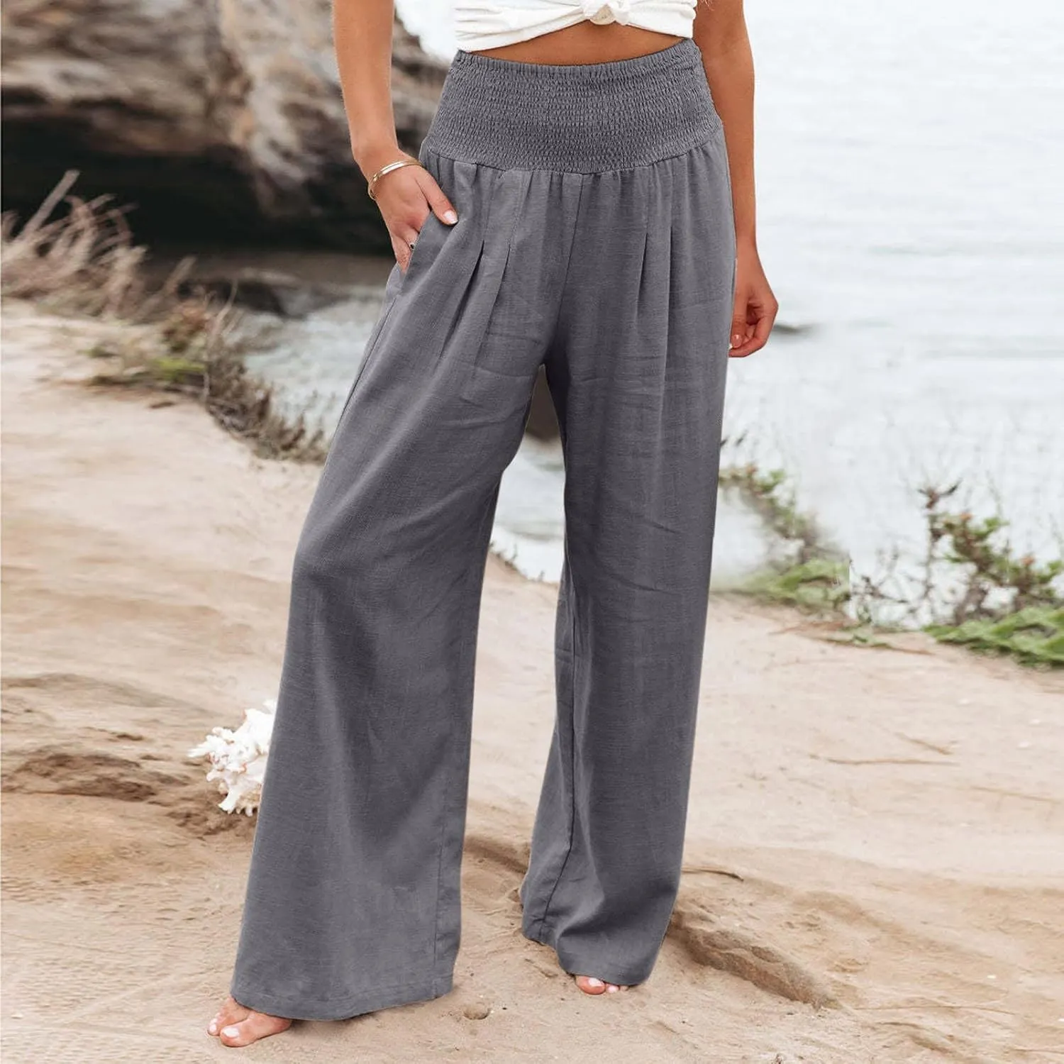 Summer Beach Pants for Women 2025 Baggy Y2K Summer Stretchy Boho Beach Pants Relaxed Loose Fit Elastic Lightweight Trousers