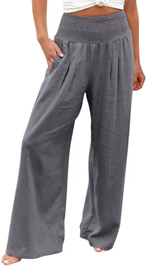 Summer Beach Pants for Women 2025 Baggy Y2K Summer Stretchy Boho Beach Pants Relaxed Loose Fit Elastic Lightweight Trousers