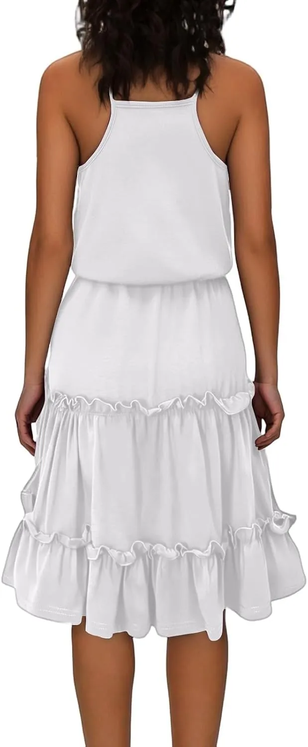 Summer Boho Mini Dress for Women Sleeveless Ruffle Spaghetti Strap Dress Elegant Classy Short Floral Cocktail Dresses
