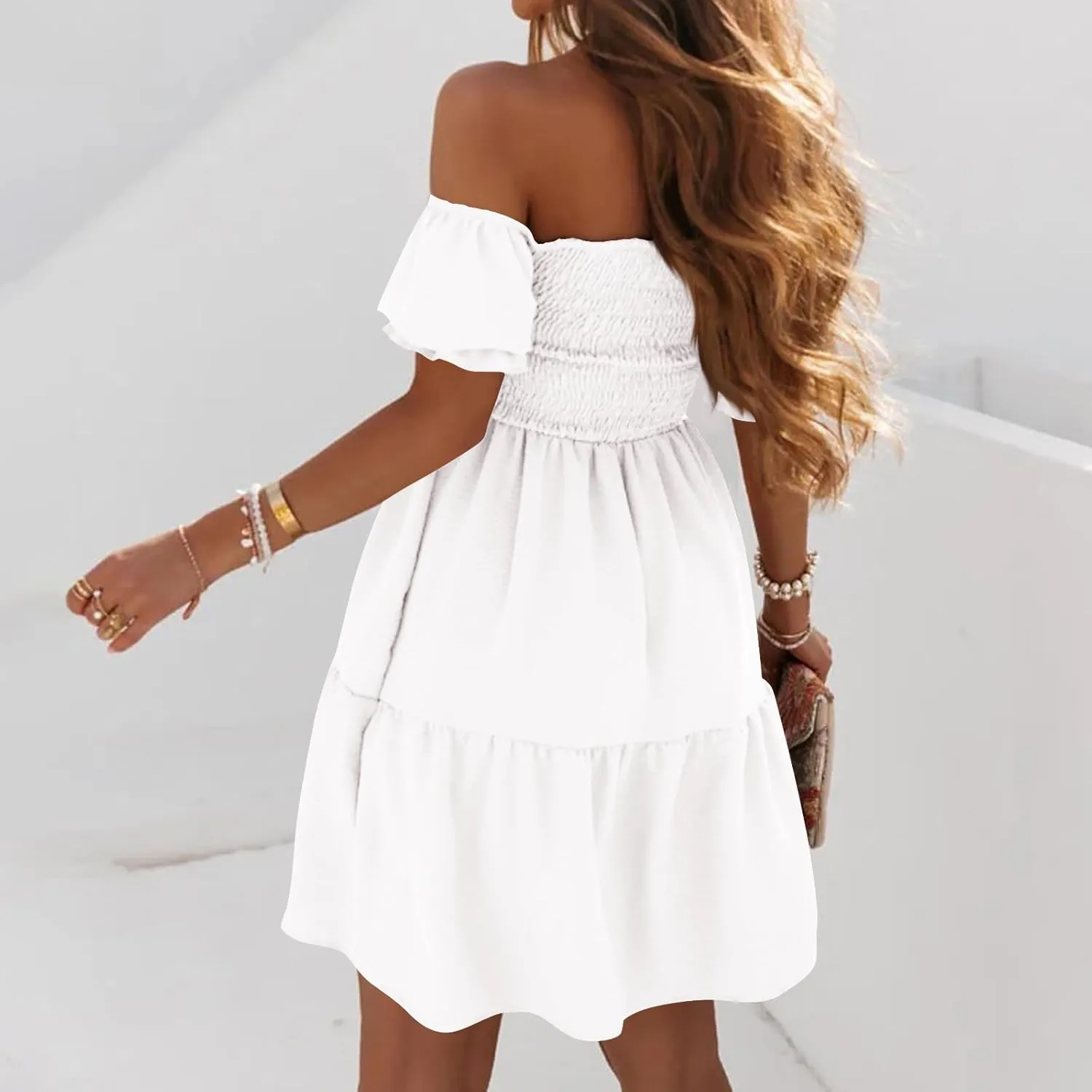 Summer Dresses for Women 2024 Midi Off Shoulder Puff Sleeve Dress Pleated Ruffle Elegant Dress Trendy Casual Sundress