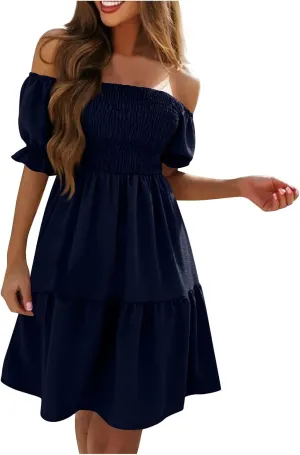 Summer Dresses for Women 2024 Midi Off Shoulder Puff Sleeve Dress Pleated Ruffle Elegant Dress Trendy Casual Sundress