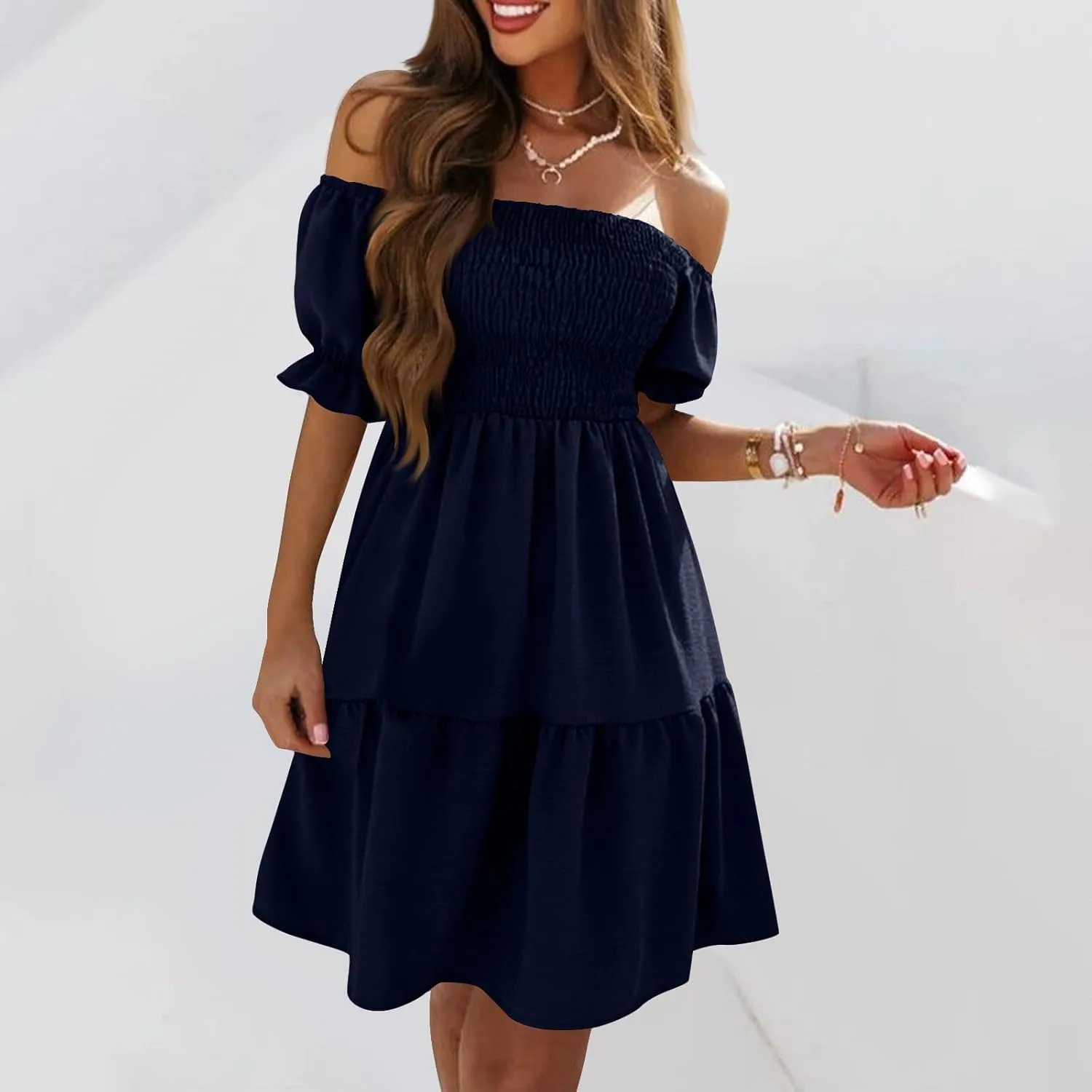 Summer Dresses for Women 2024 Midi Off Shoulder Puff Sleeve Dress Pleated Ruffle Elegant Dress Trendy Casual Sundress